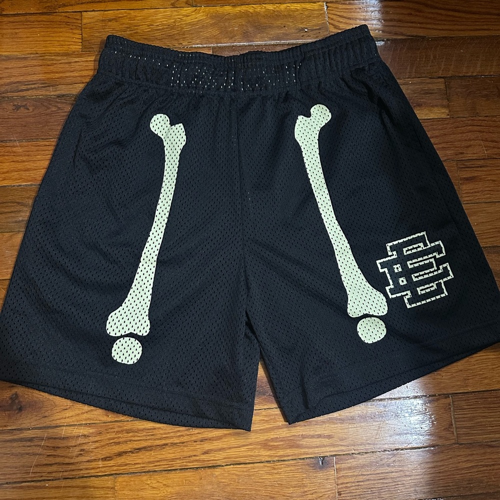 Eric Emanuel Black Mesh Shorts with Bone Graphic